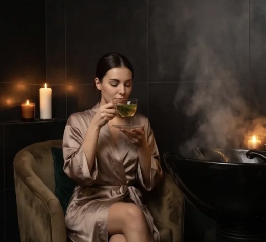 Elegant woman enjoying head spa experience in Youngstown Ohio sanctuary