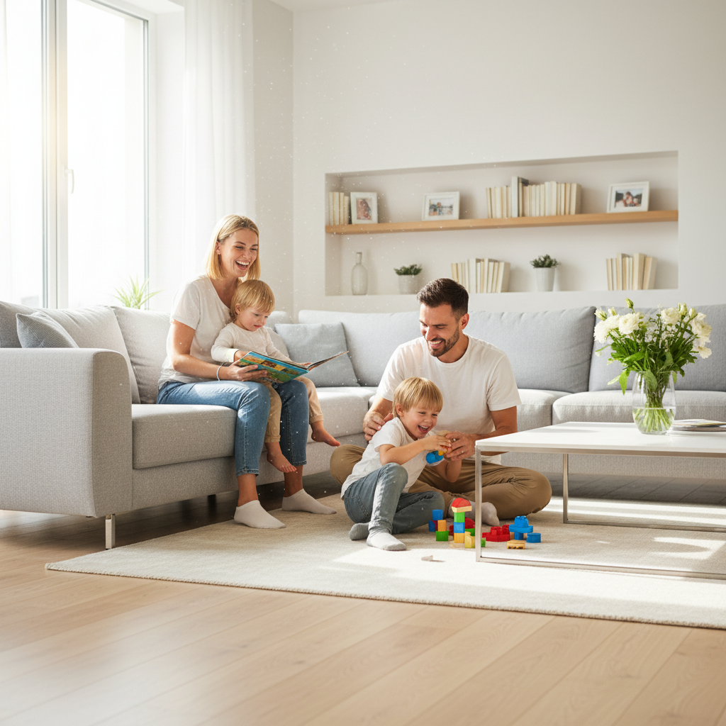 A happy family relaxing and playing in their bright, clean living room