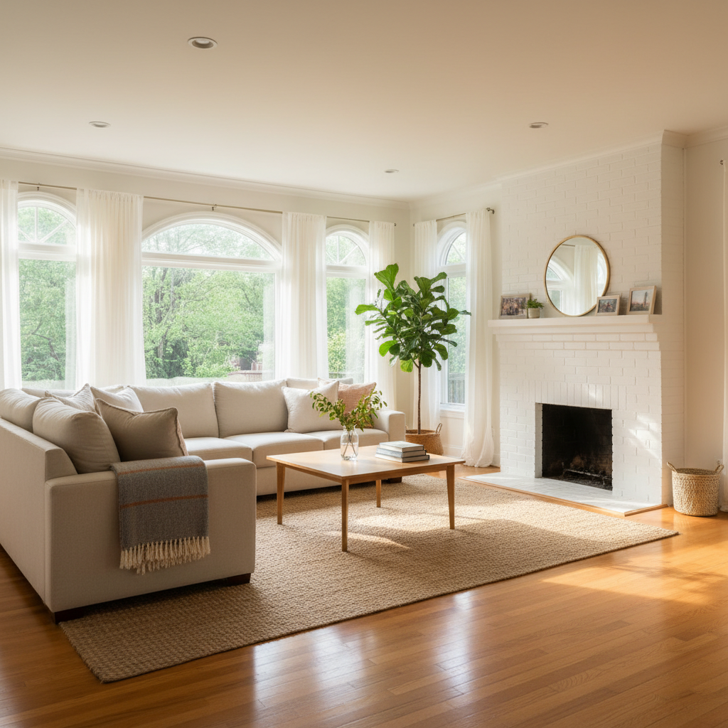 Pristine sunlit living room with bright natural light streaming through large windows, freshly cleaned and spotless