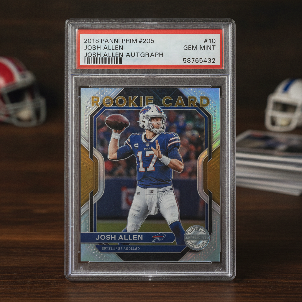 Graded football rookie card of a star quarterback encased in a professional protective slab