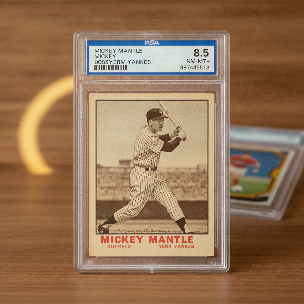 Vintage Mickey Mantle style baseball card professionally graded and sealed in a PSA slab