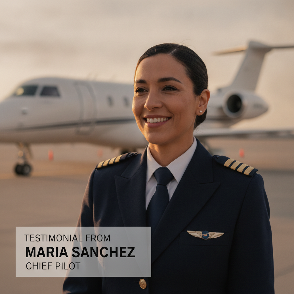 Testimonial from Maria Sanchez, a chief pilot