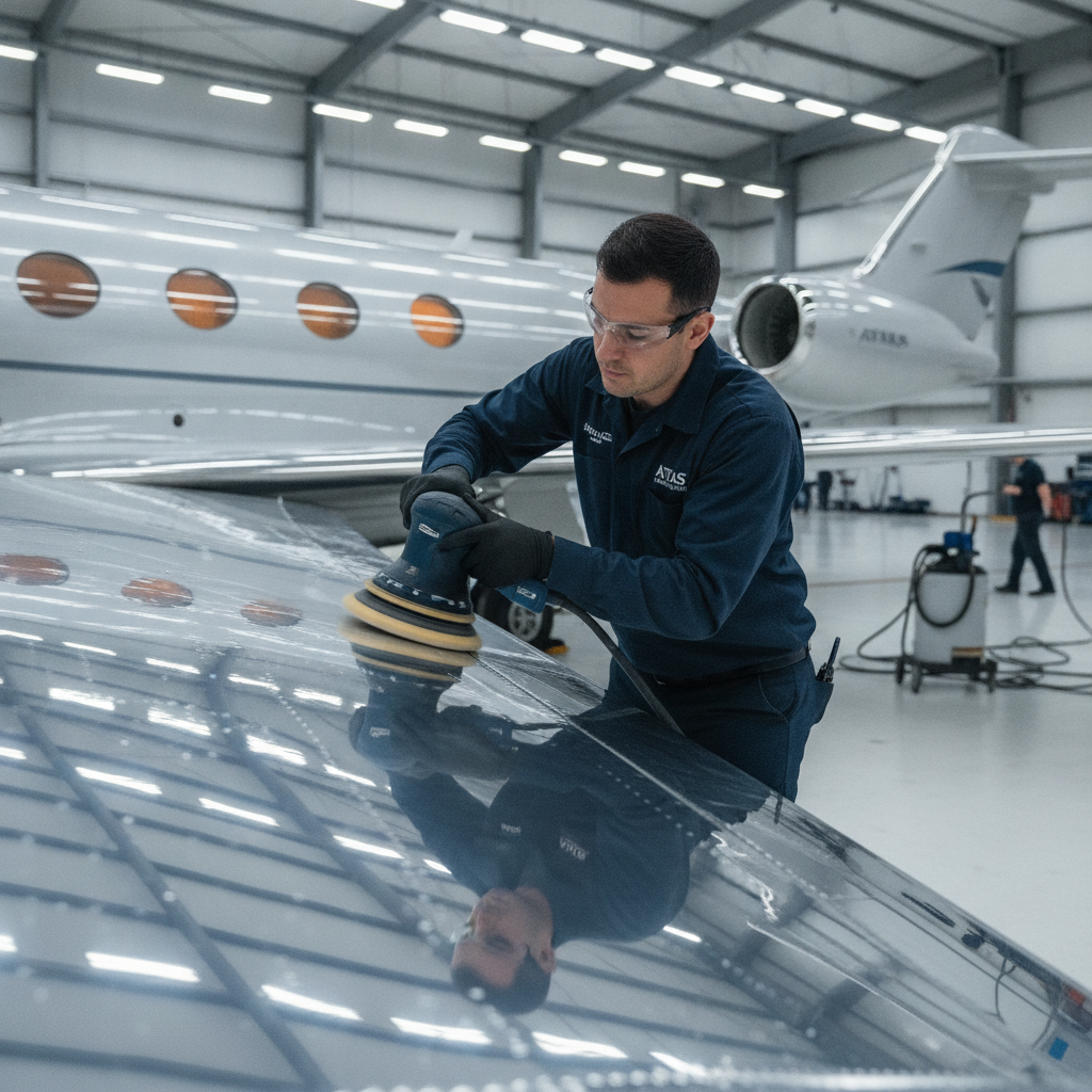 A highly-skilled Atlas technician meticulously polishing the wing of a luxury Gulfstream jet to a mirror finish