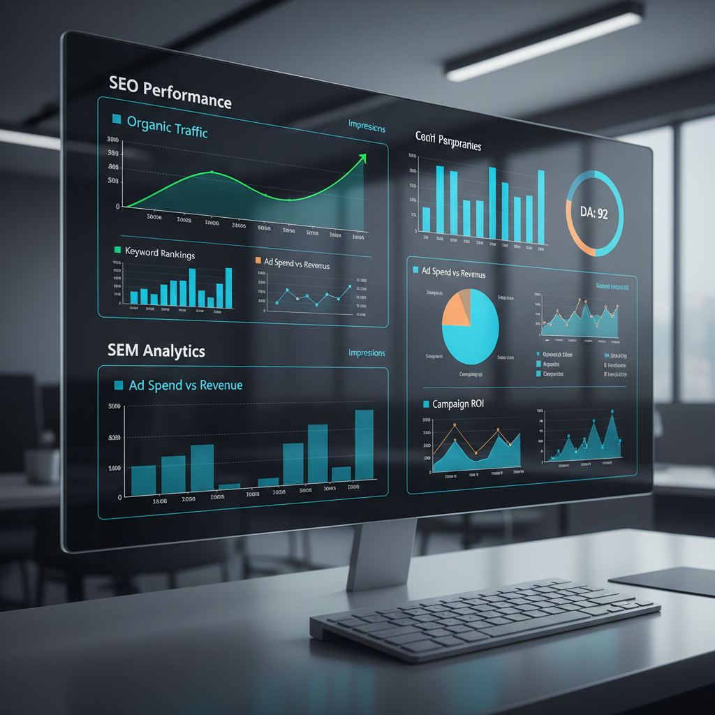 A high-tech digital marketing dashboard showing SEO performance and SEM analytics charts