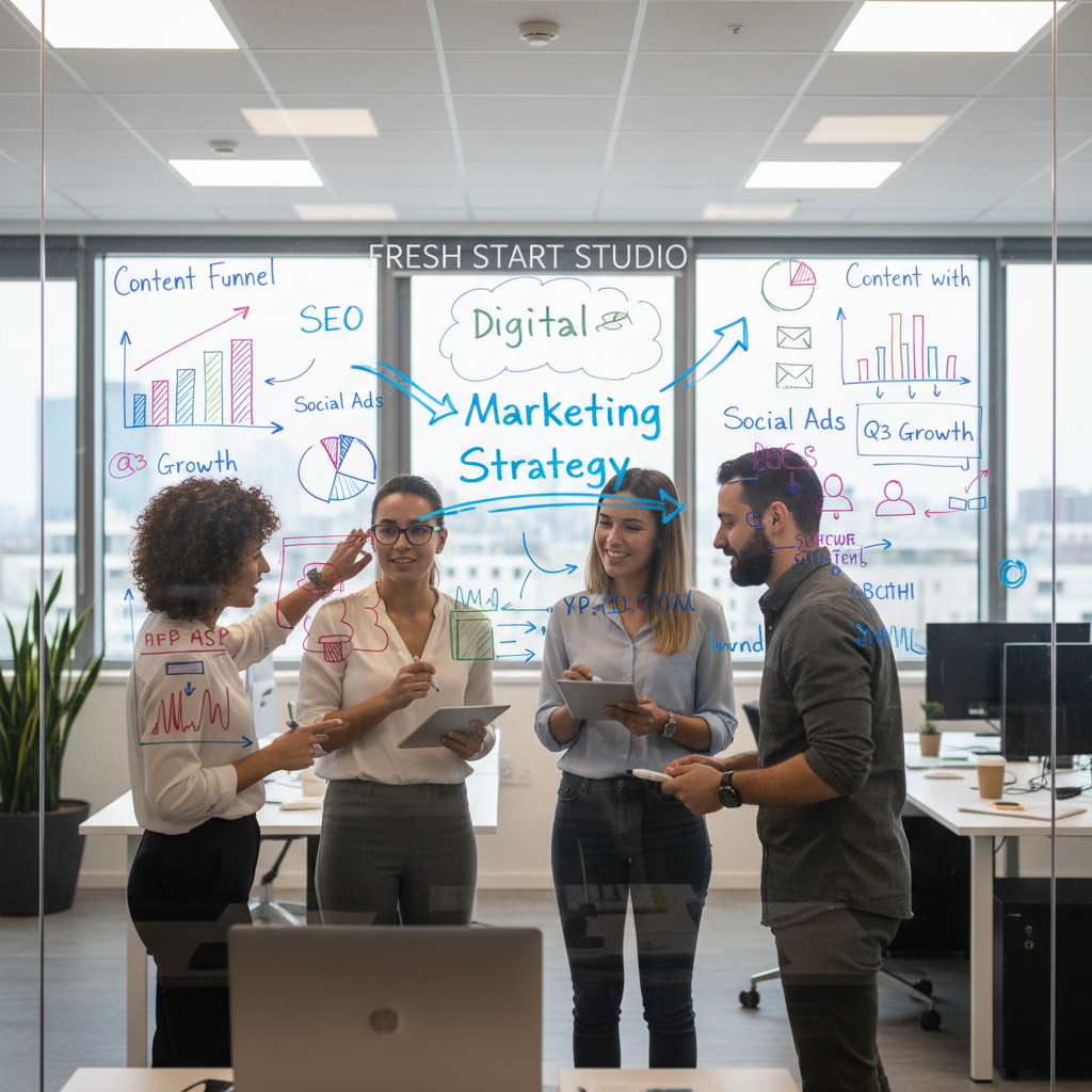 Fresh Start Studio team collaborating on a digital marketing strategy around a whiteboard with data visualizations