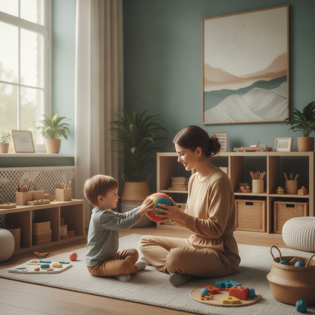 A compassionate therapist engaging with a young child in a warm and welcoming therapy room.
