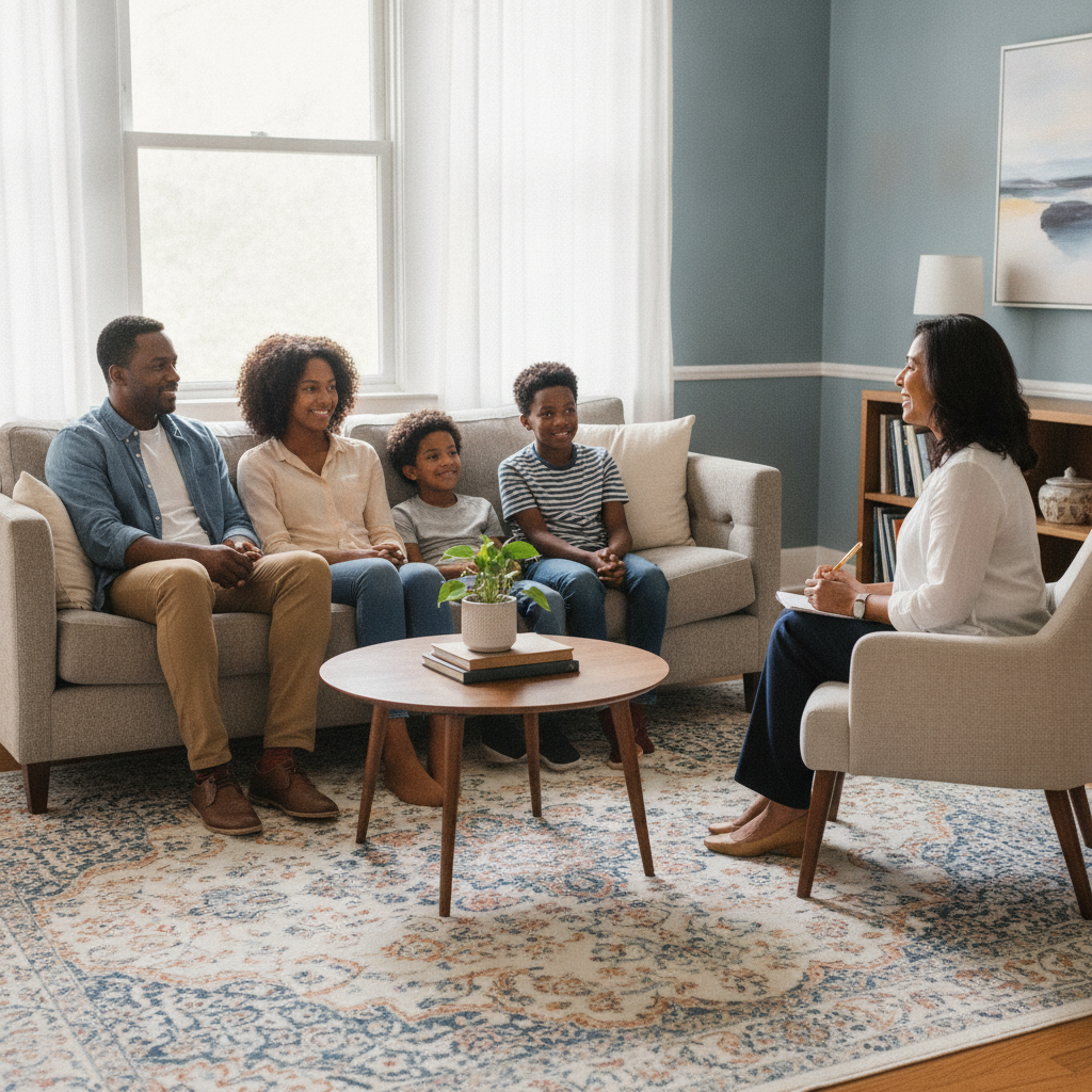 A diverse family sitting together with a therapist in a bright, comfortable consultation room.