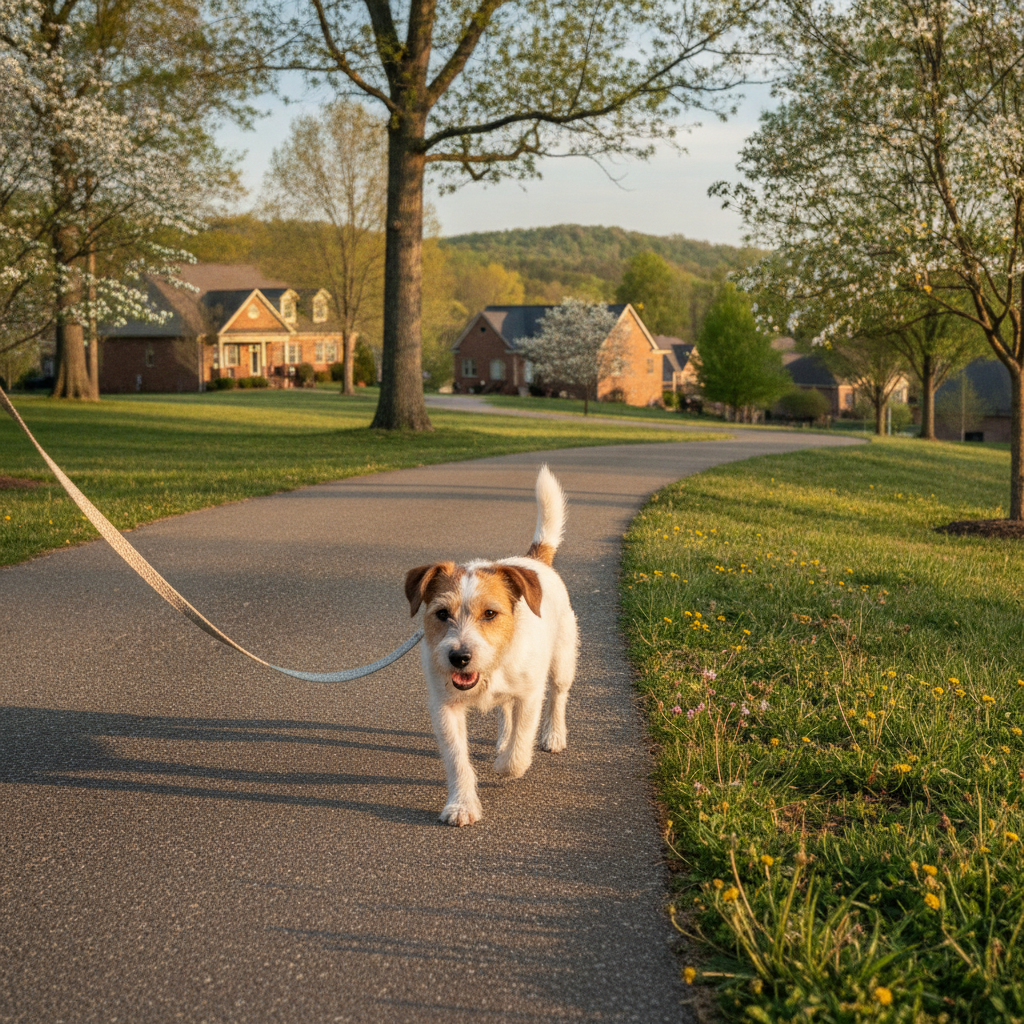 A small terrier mix enjoying a peaceful walk in a Middle Tennessee park