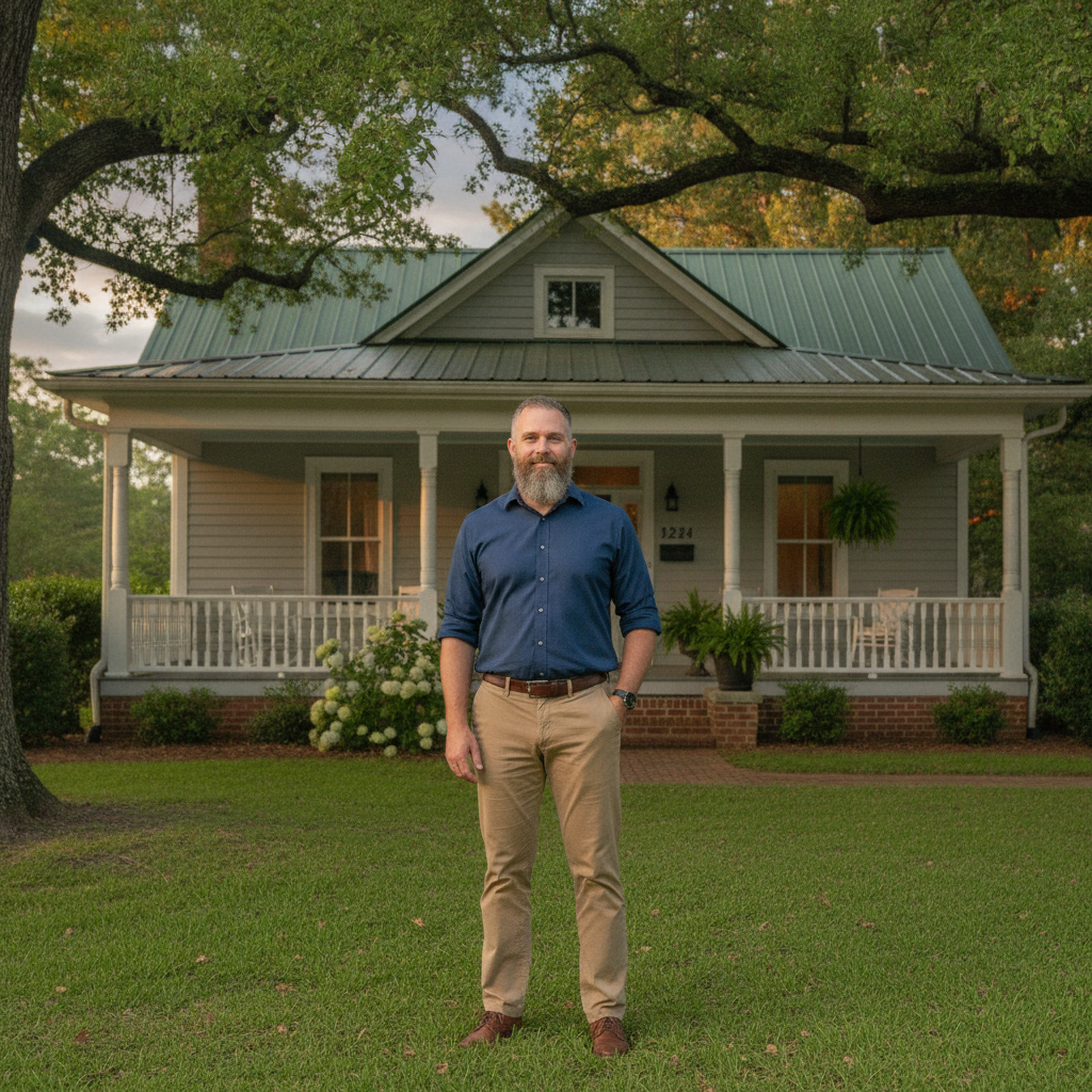 Portrait of James T., a bearded man standing outside his home in Phenix City, Alabama