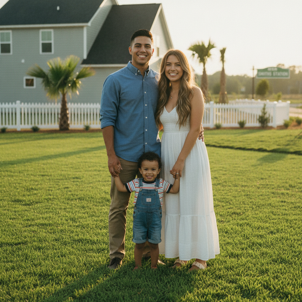 Portrait of the Rodriguez family, a young couple smiling in front of their new lawn in Smiths Station
