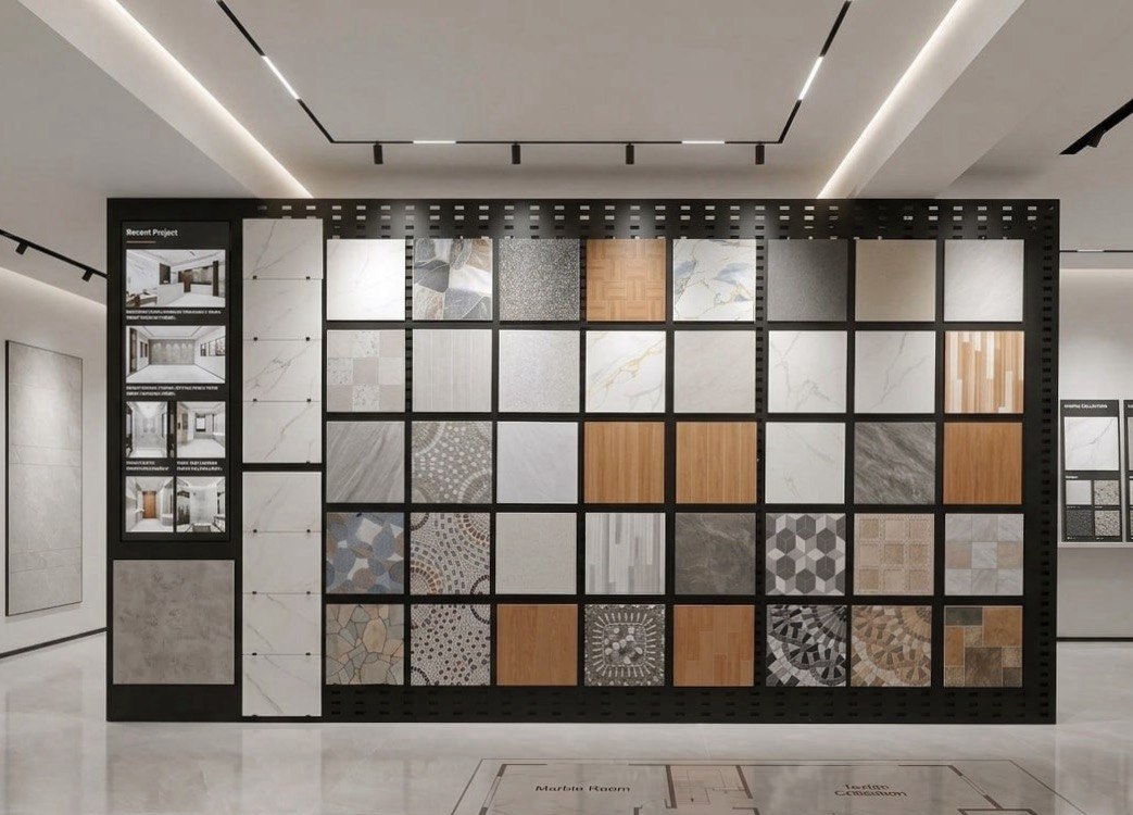 Spacious open-concept living area with polished large-format porcelain floor tiles