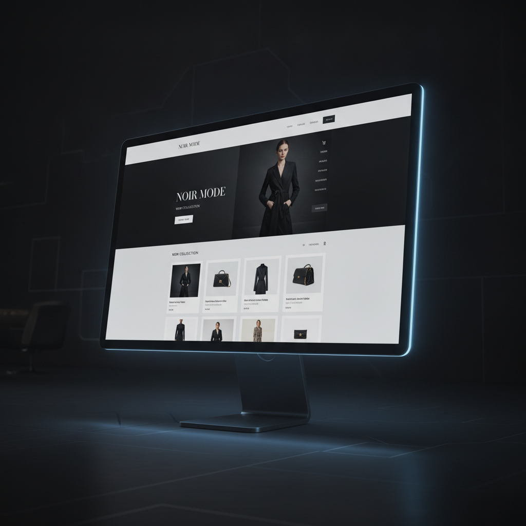A sleek and modern e-commerce website for a luxury fashion brand, shown on a dark background.