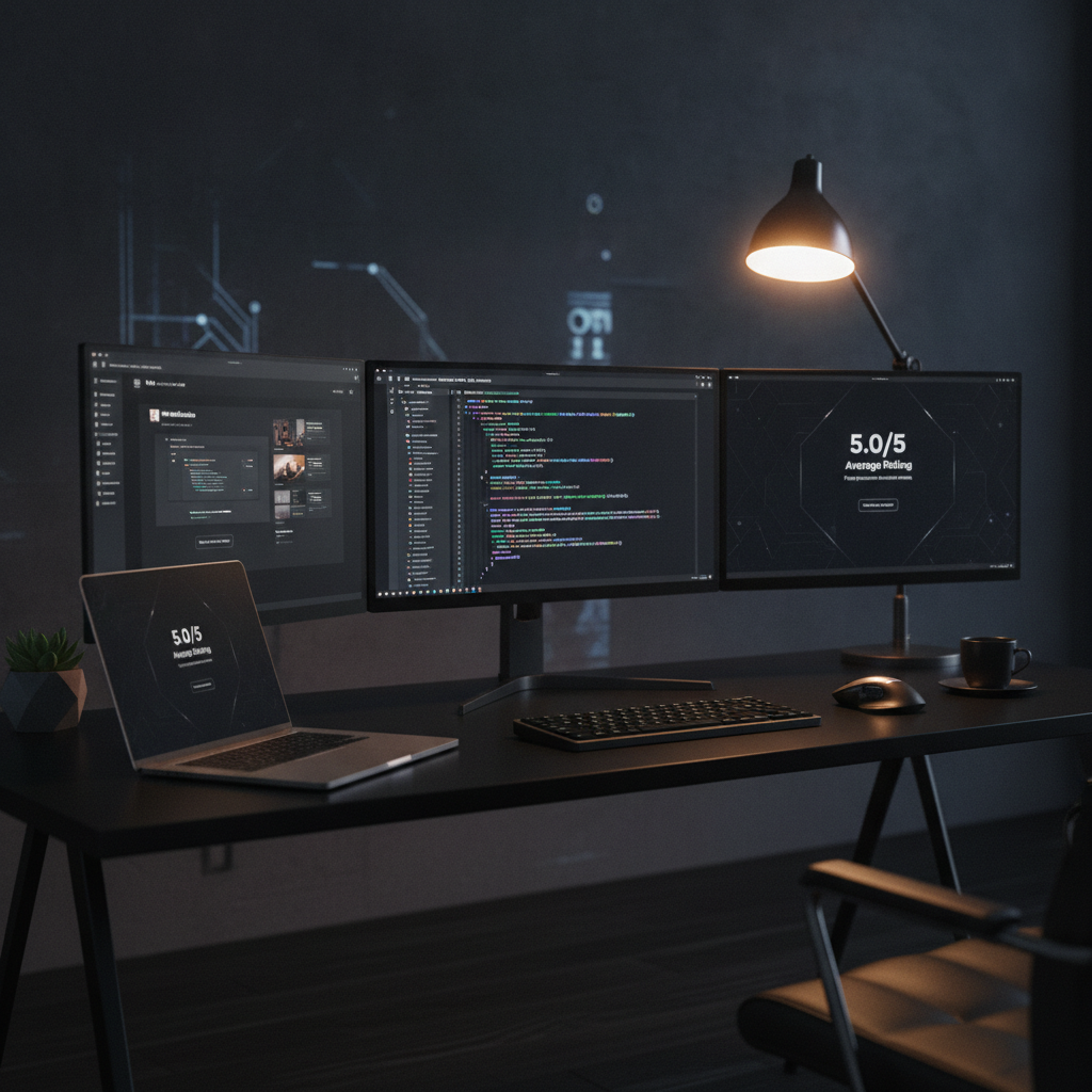 Premium dark mode digital workspace showing code and UI design