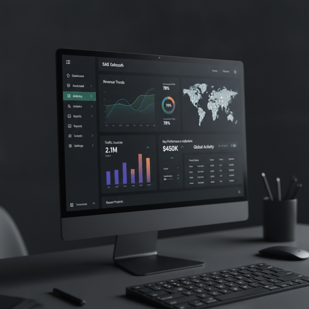 The dashboard UI of a complex SaaS platform, featuring data visualizations and analytics widgets in dark mode.