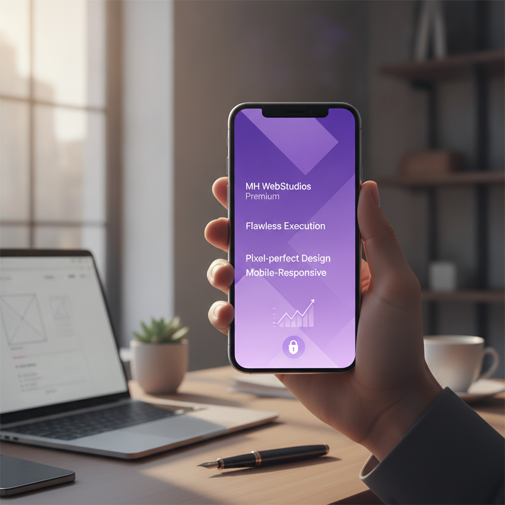 Premium web design mobile app mockup with purple gradient interface