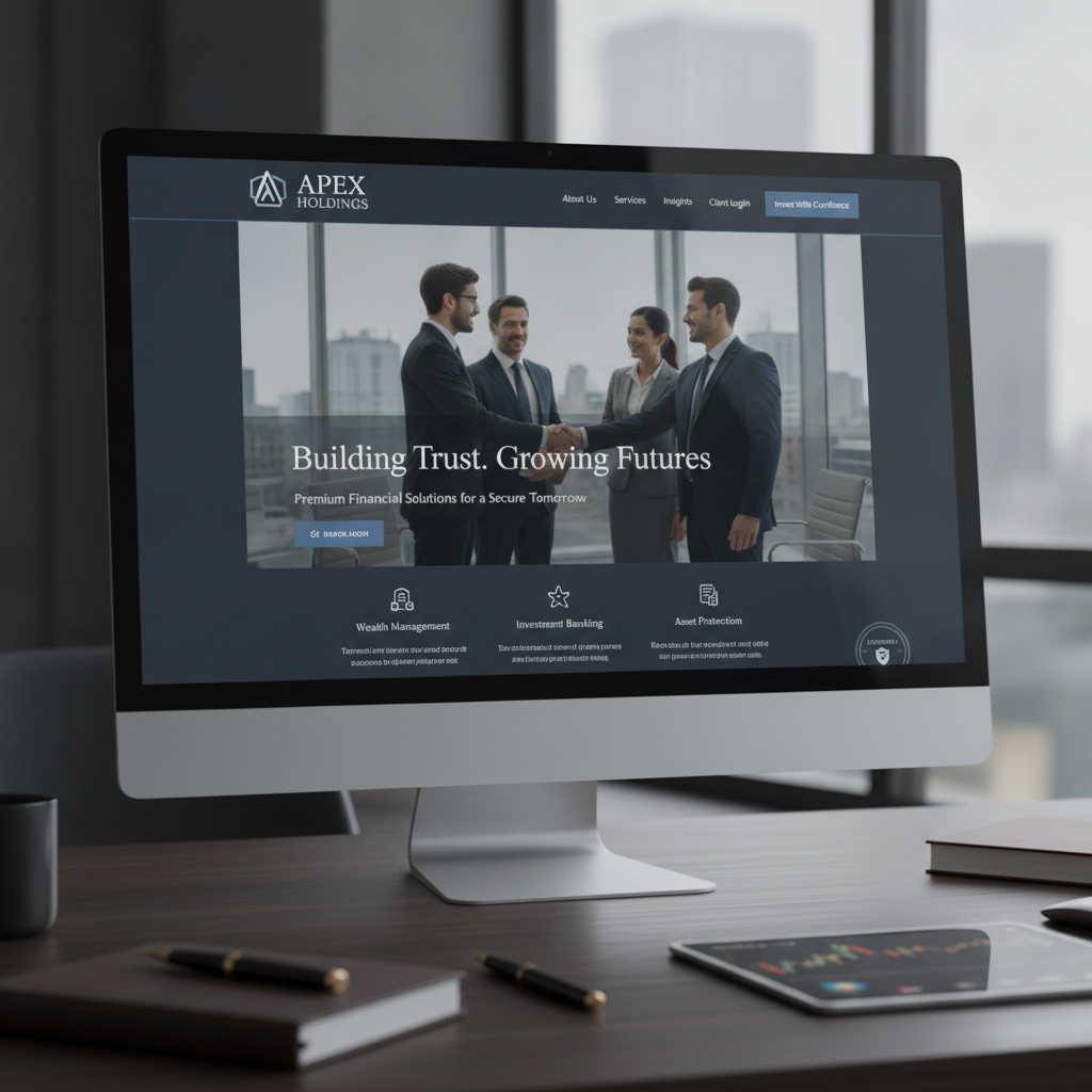 The homepage of a high-end corporate website for a financial services firm, emphasizing trust and professionalism.