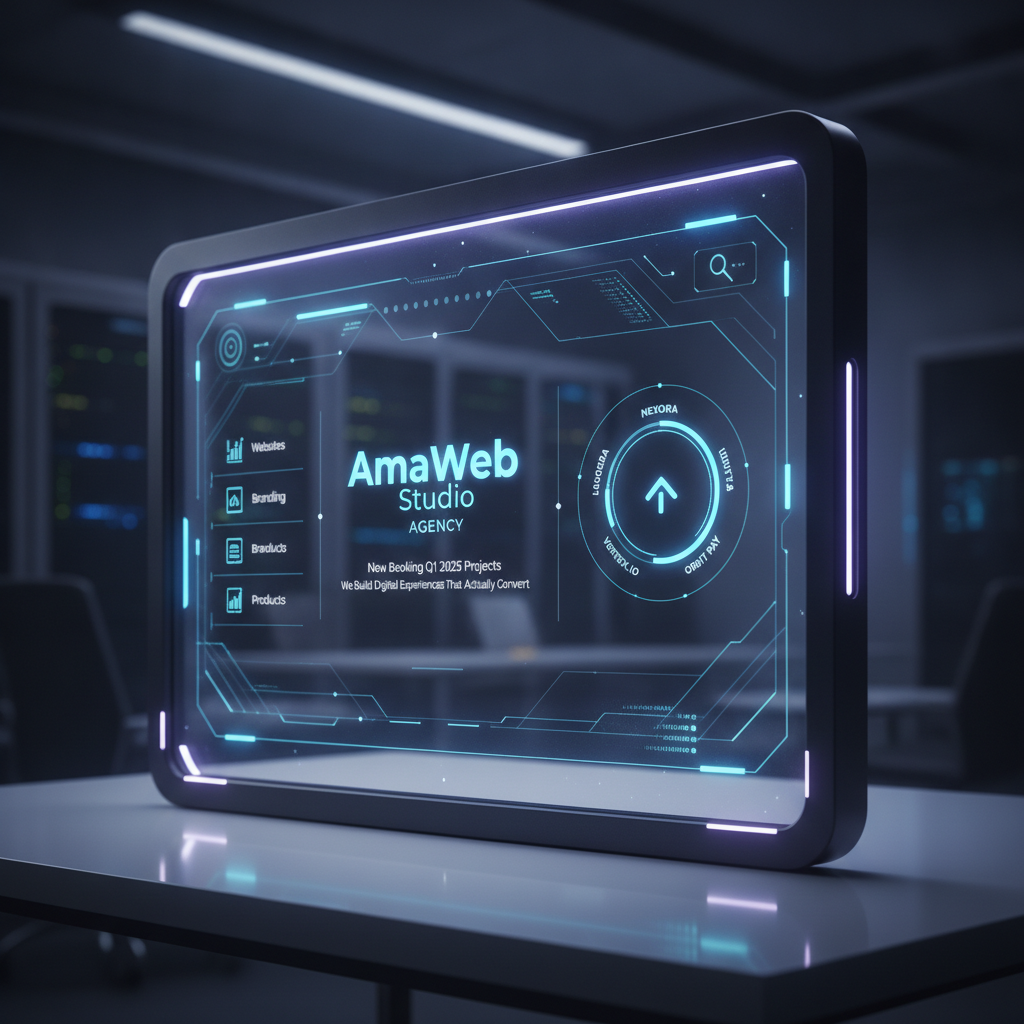 Futuristic dashboard UI design mockup glowing on screen showcasing AmaWeb Studio's premium web design work