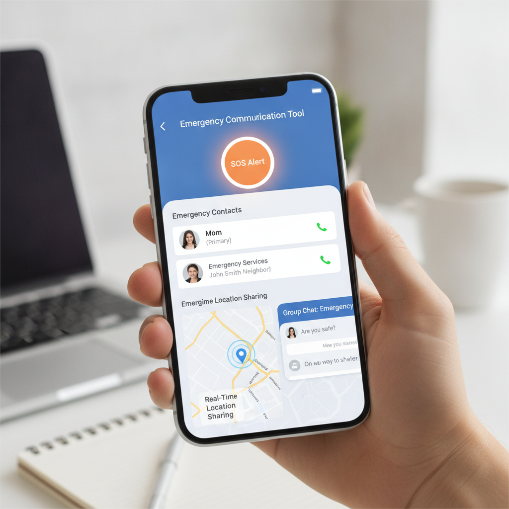 Emergency communication mobile app interface showing SOS alert button, emergency contacts list, real-time location sharing map, and instant messaging screens for Emergency Communication Tool