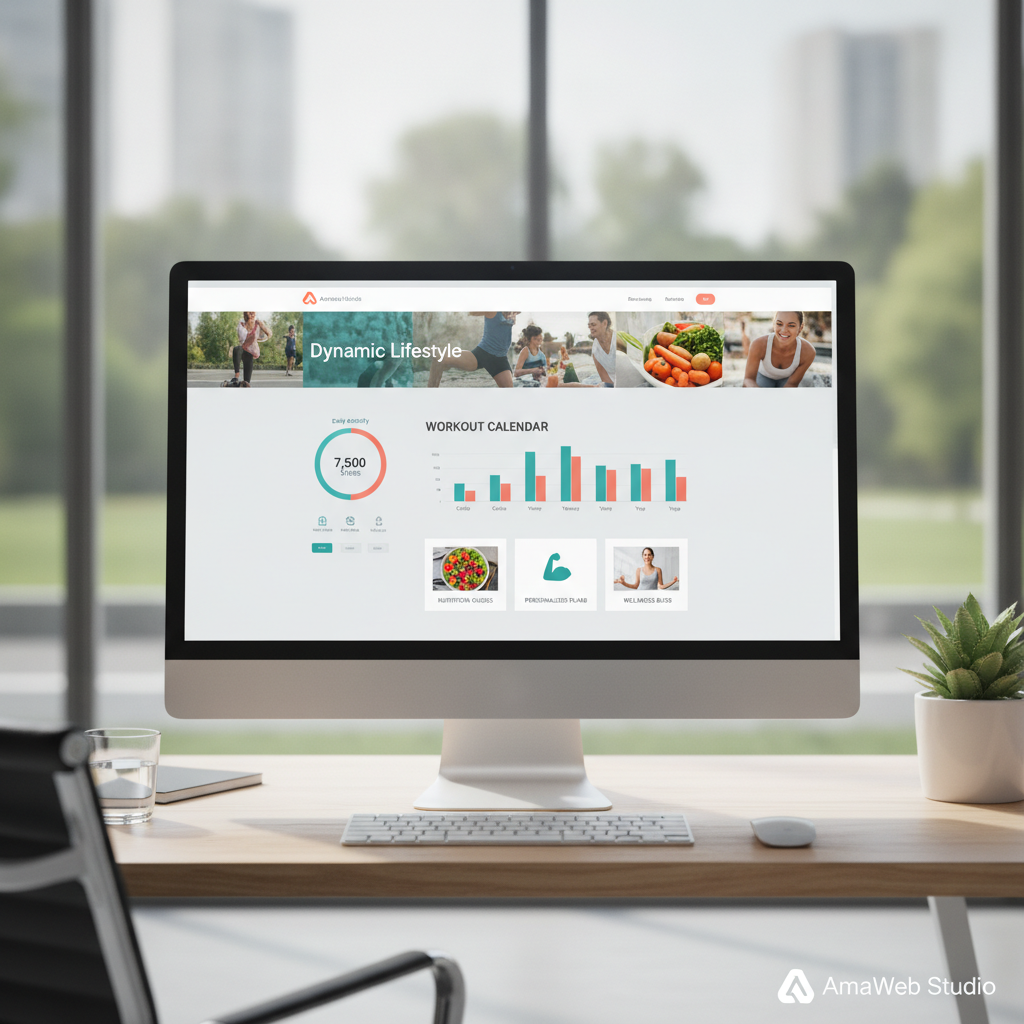 Modern health and wellness website featuring fitness tracking dashboard, nutrition guides, workout plans, and lifestyle content with vibrant imagery for Dynamic Lifestyle