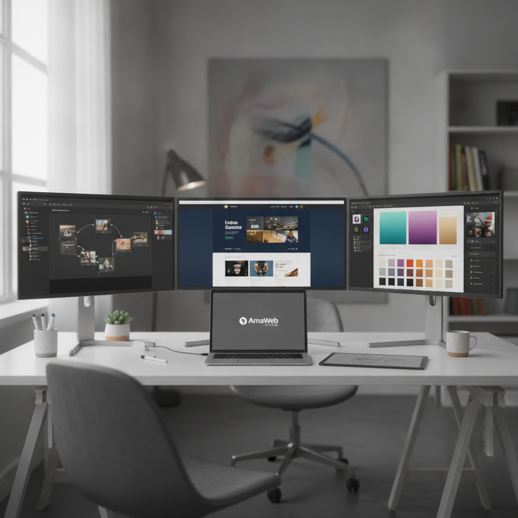 Creative web design workspace with multiple screens displaying UI mockups, Figma prototypes, color palettes and design tools on a sleek desk