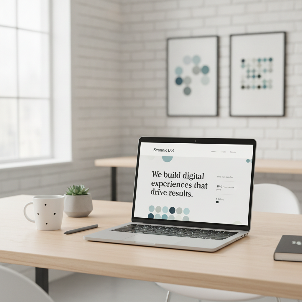 Modern minimalist Scandic Dot web design studio showcase with laptop displaying elegant website