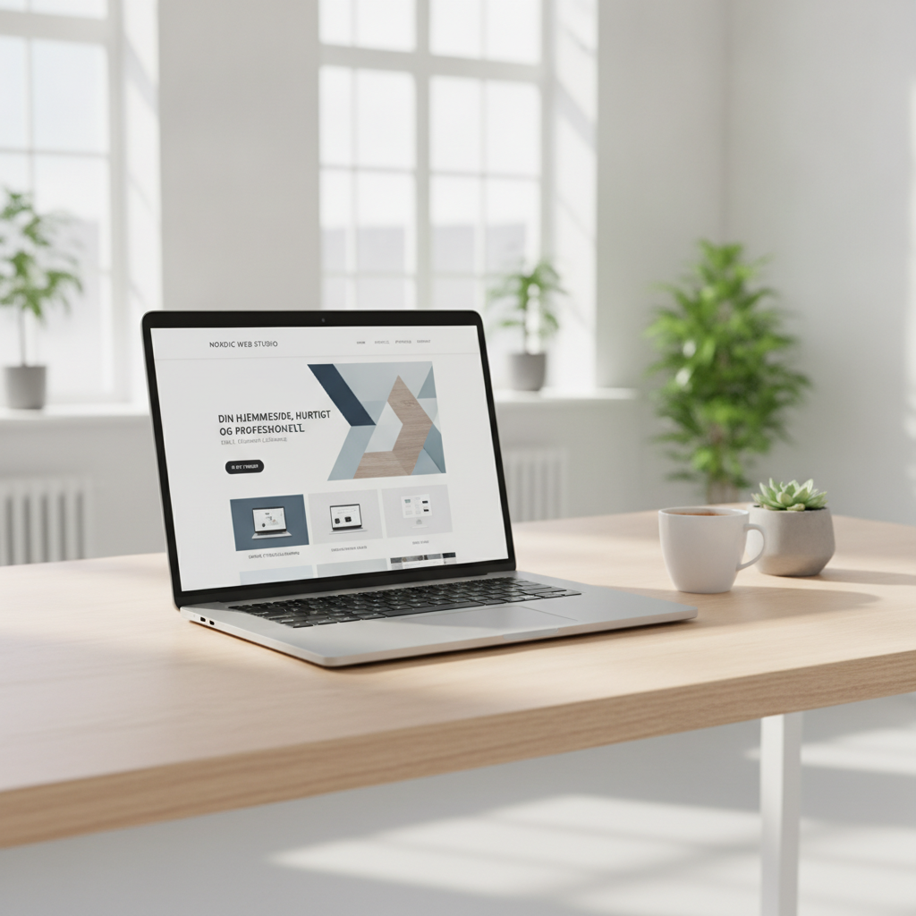 Modern minimalist Scandic Dot web design portfolio showcase displayed on a laptop screen in a bright studio
