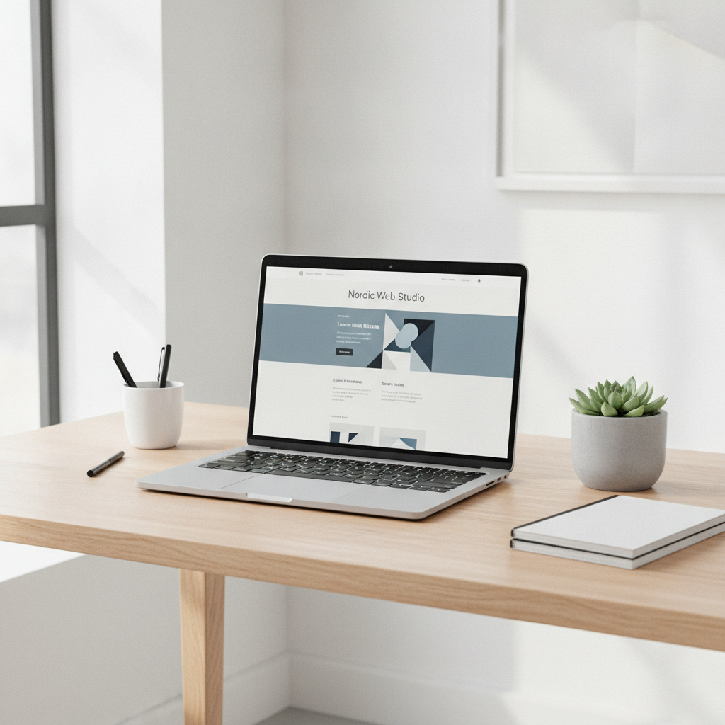Minimalist Scandinavian workspace with laptop displaying elegant web design on a light wooden desk with soft natural lighting