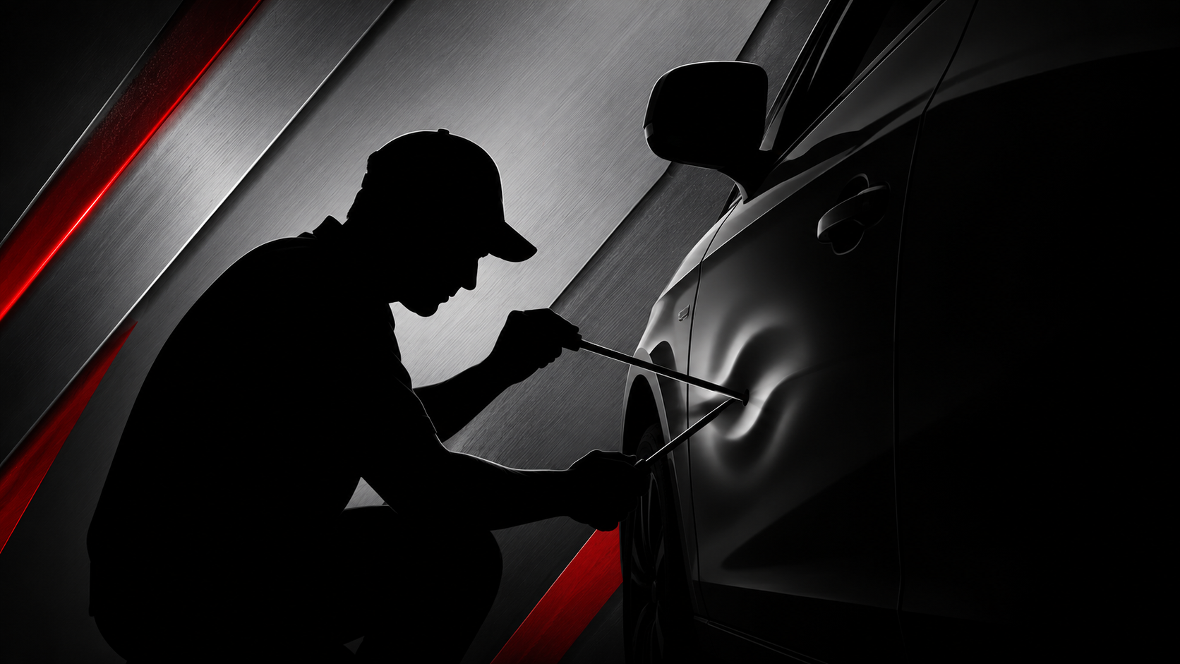 Master technician performing precision paintless dent repair on a sleek black Porsche in New York
