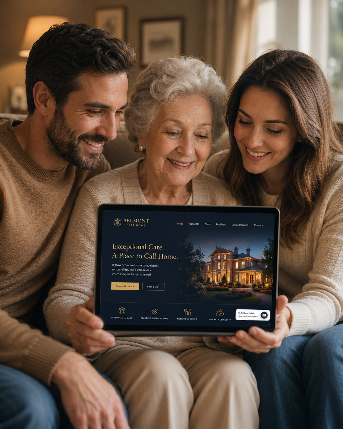 AI receptionist interface displaying live chat bubbles, incoming call screen, and booking confirmation notifications on a premium dark dashboard with gold accents