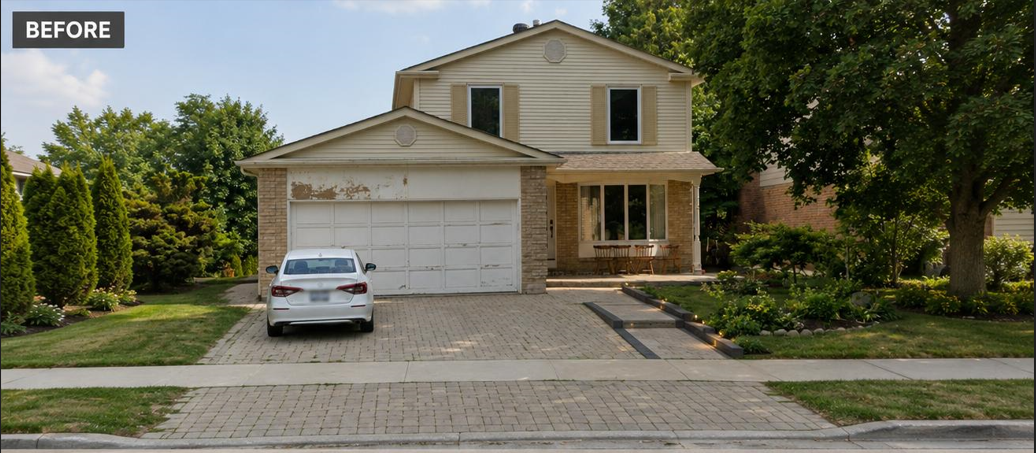 Before: worn cracked driveway and walkway with damaged surface