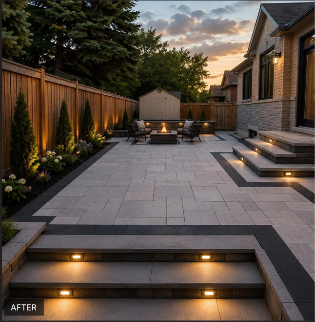 After: stylish stone patio with fire pit and lighting