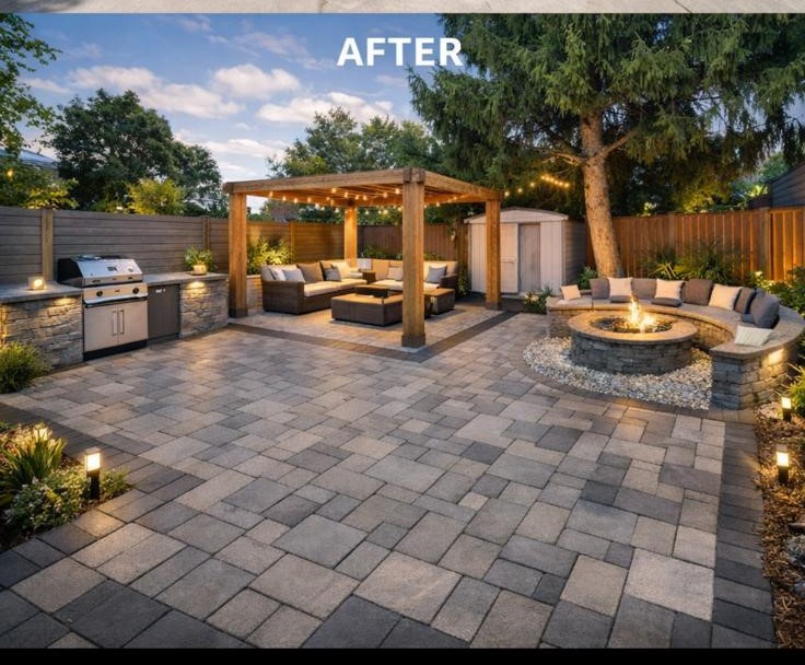 After: custom deck with pergola and seating