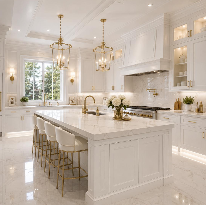 Custom kitchen renovation with white cabinetry, marble countertops, and center island