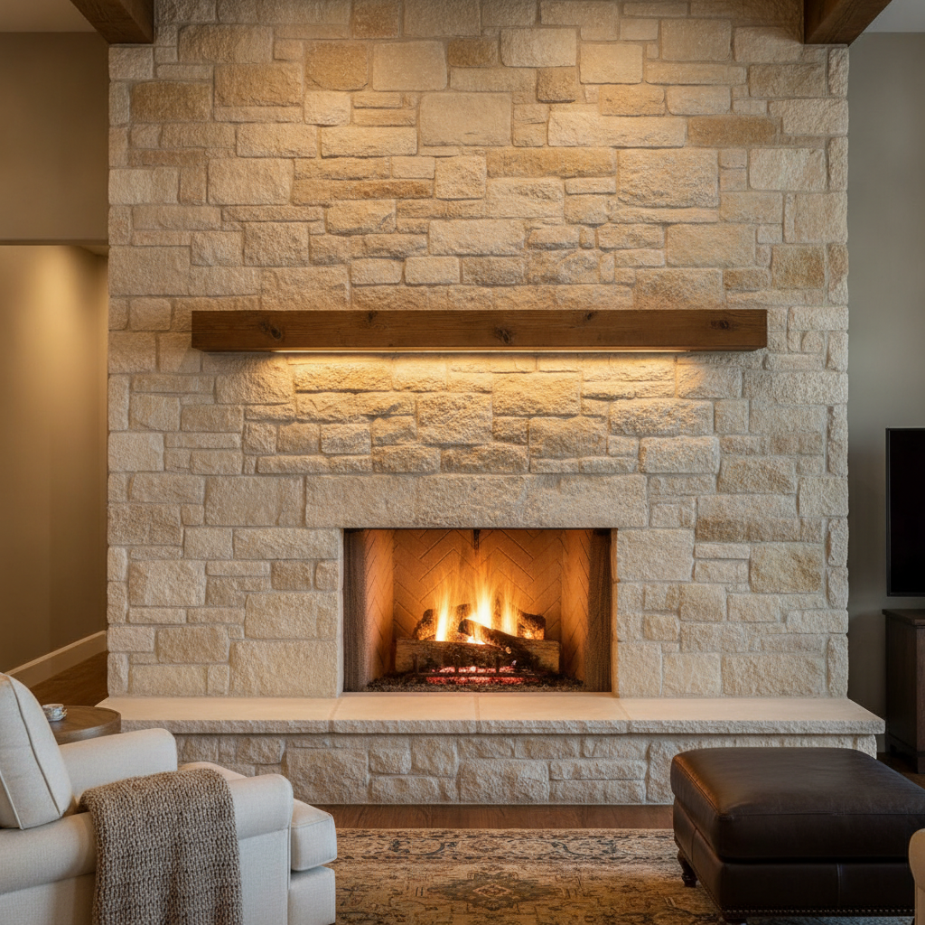 Natural Texas limestone masonry accent wall with warm stacked stone fireplace and amber lighting