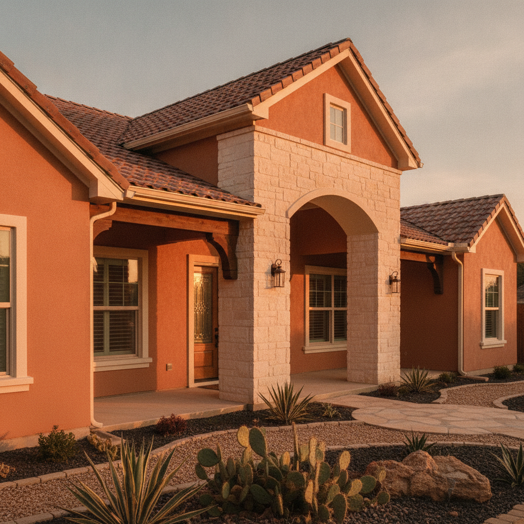 Warm terracotta and cream Texas home exterior freshly painted at golden hour with amber sunlight
