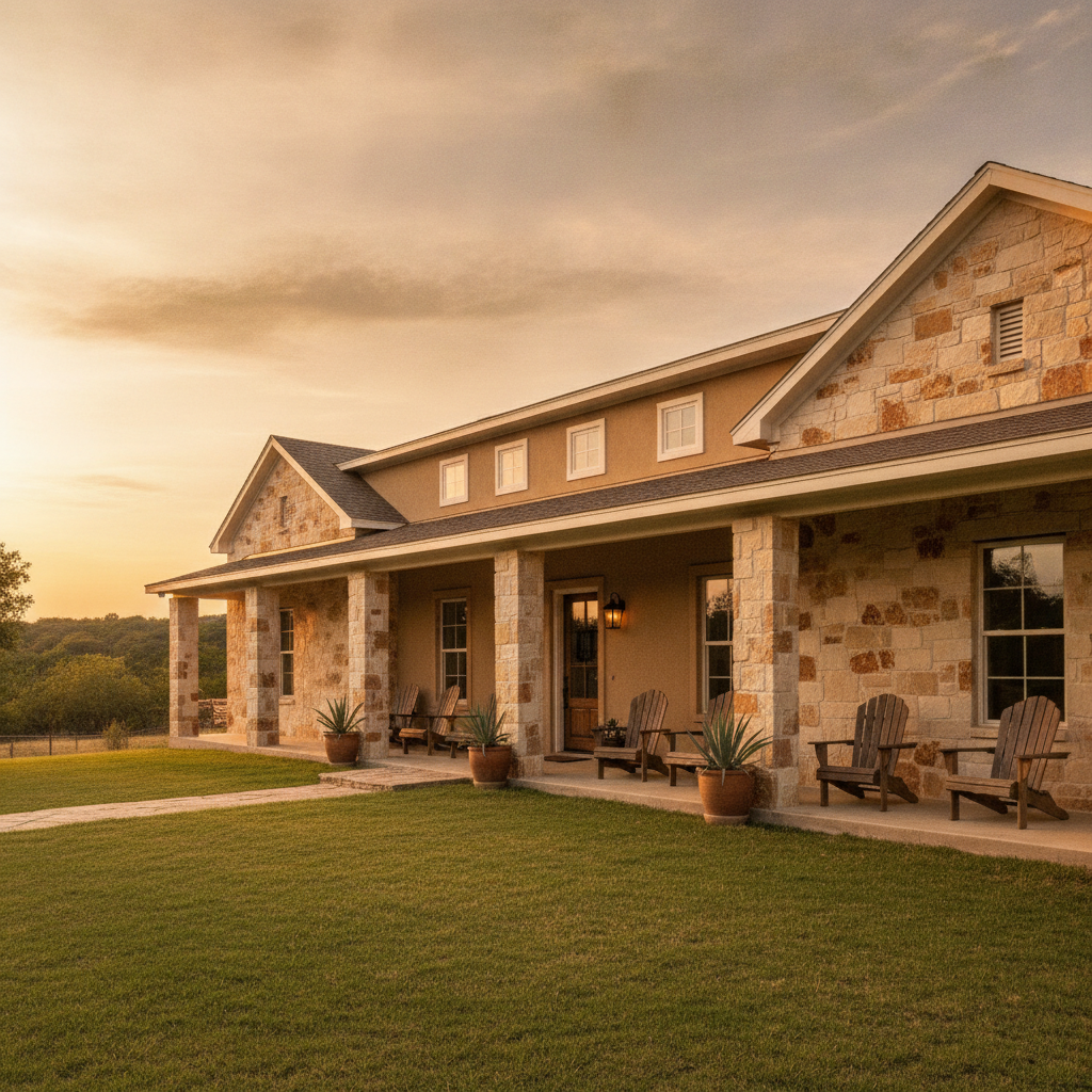 Beautifully renovated Texas ranch home featuring natural stone masonry accent walls, fresh warm-toned stucco exterior, freshly painted trim, and a wide covered porch at golden hour