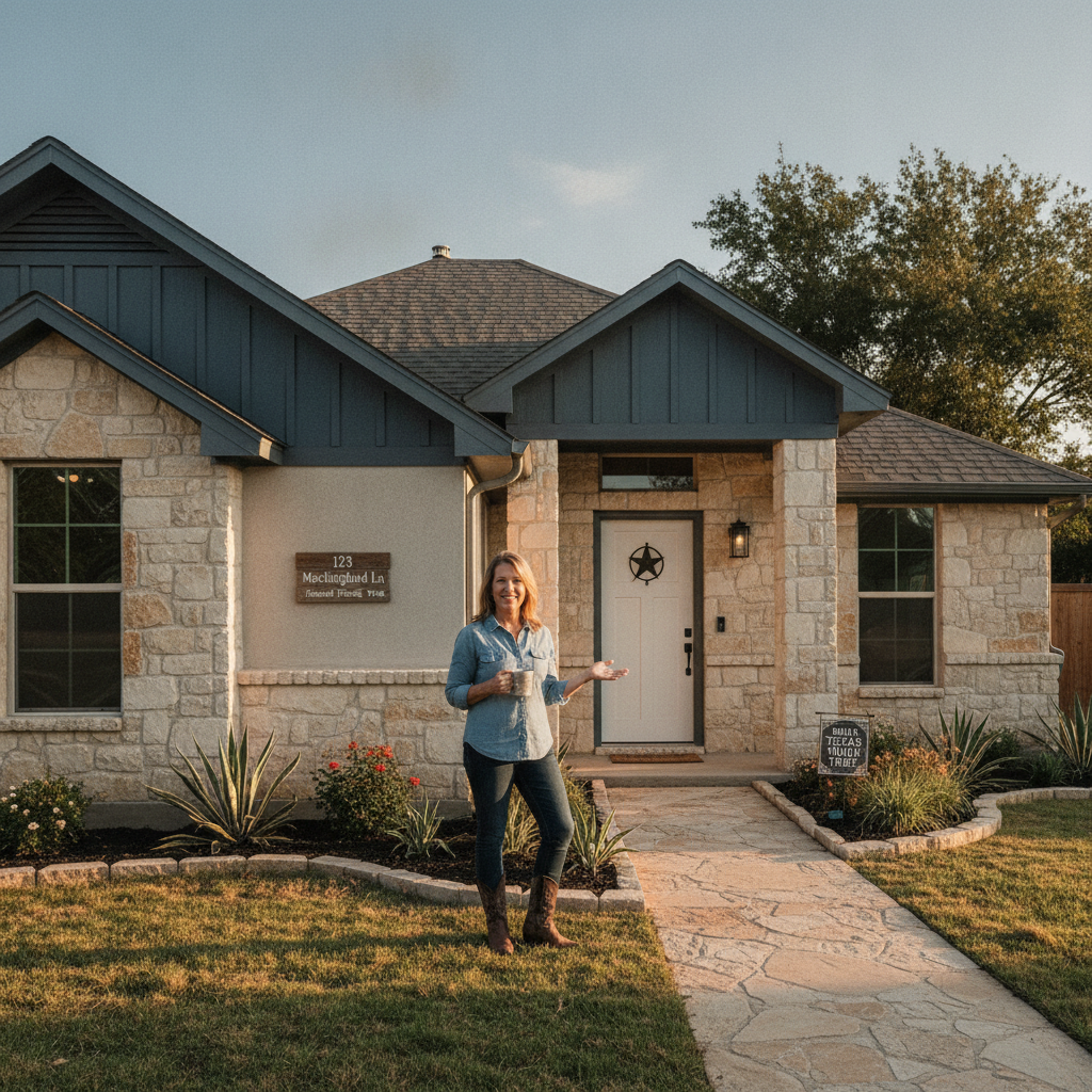 Happy Texas homeowner Sarah M. standing smiling in front of her newly renovated Plano ranch home with warm afternoon light