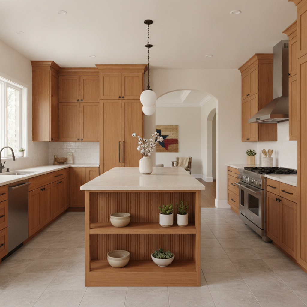 Warm modern Texas kitchen renovation with amber wood cabinets, cream walls and open concept island