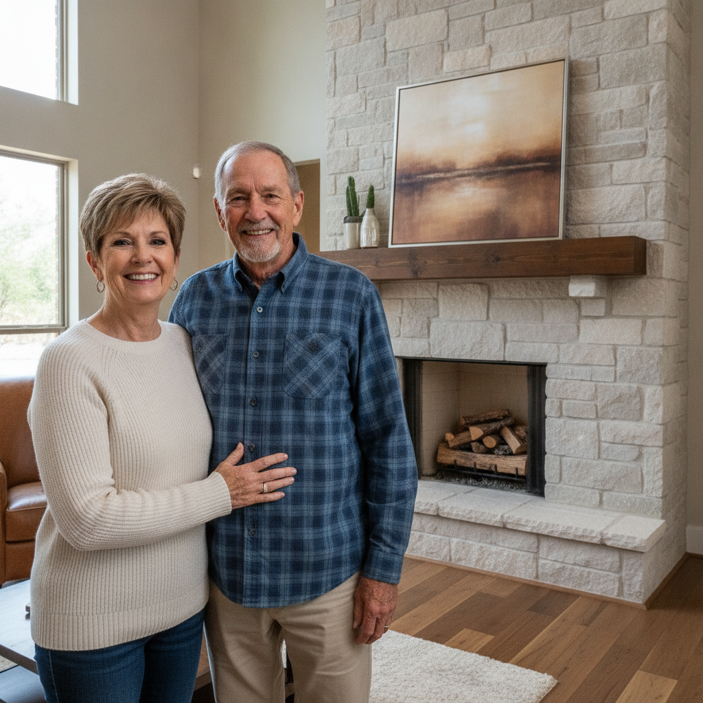 Dallas Texas homeowner couple Maria and David T. smiling warmly in their living room in front of their new floor to ceiling limestone fireplace