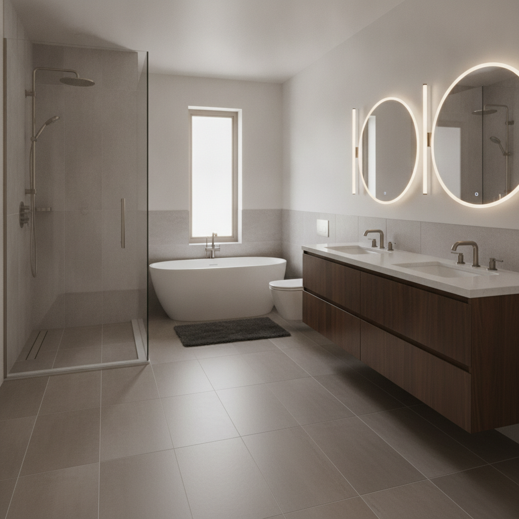 Modern luxury bathroom featuring large format matte tile flooring, floating vanity, frameless glass walk-in shower and sleek contemporary finishes