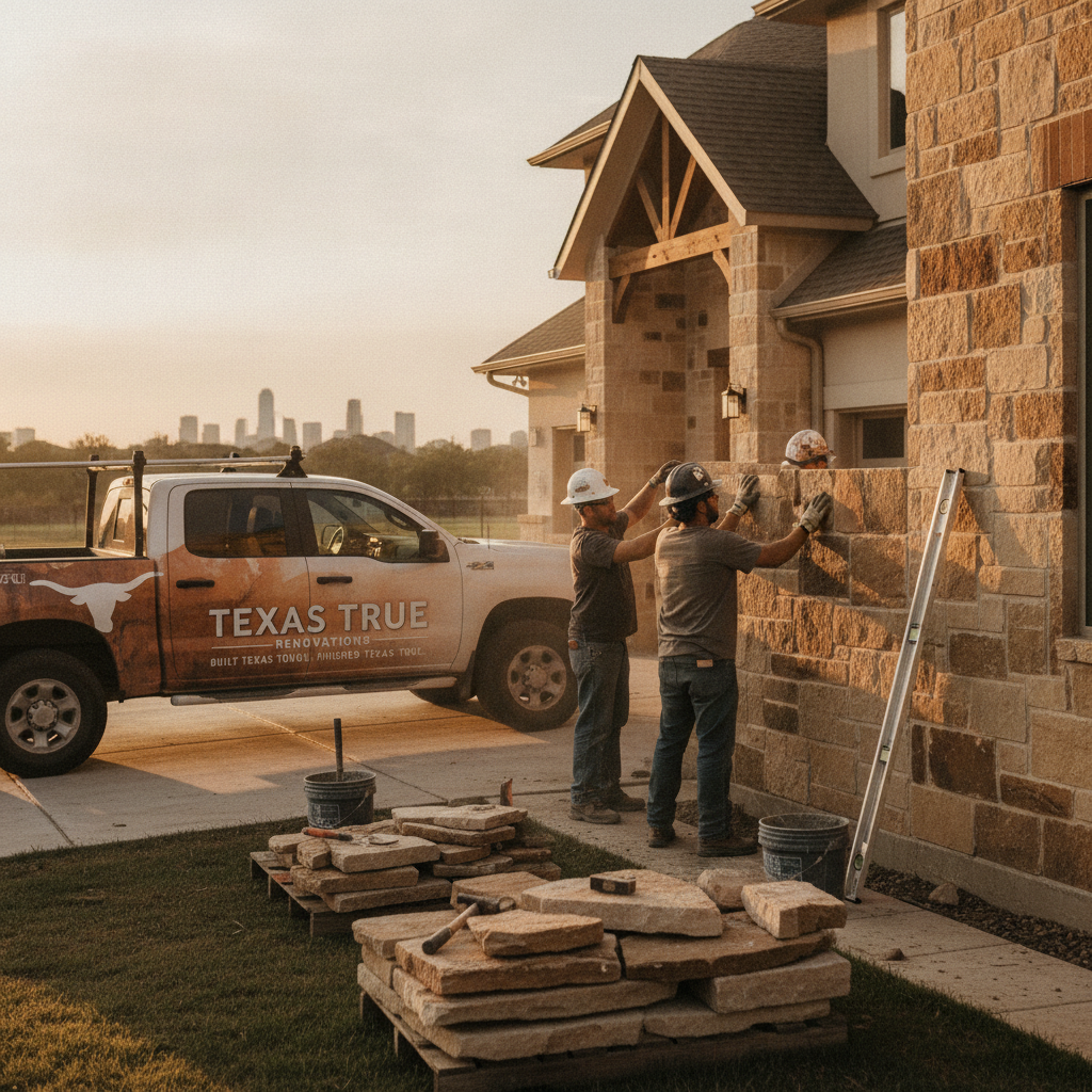 Texas True Renovations crew installing natural stone masonry on the exterior of a Dallas Fort Worth home