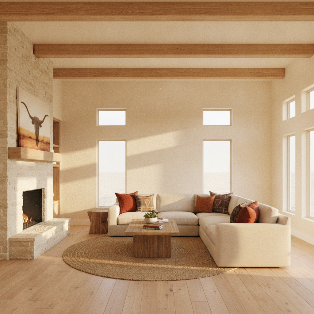Freshly painted warm cream interior living room with exposed wood beam accents and natural Texas light