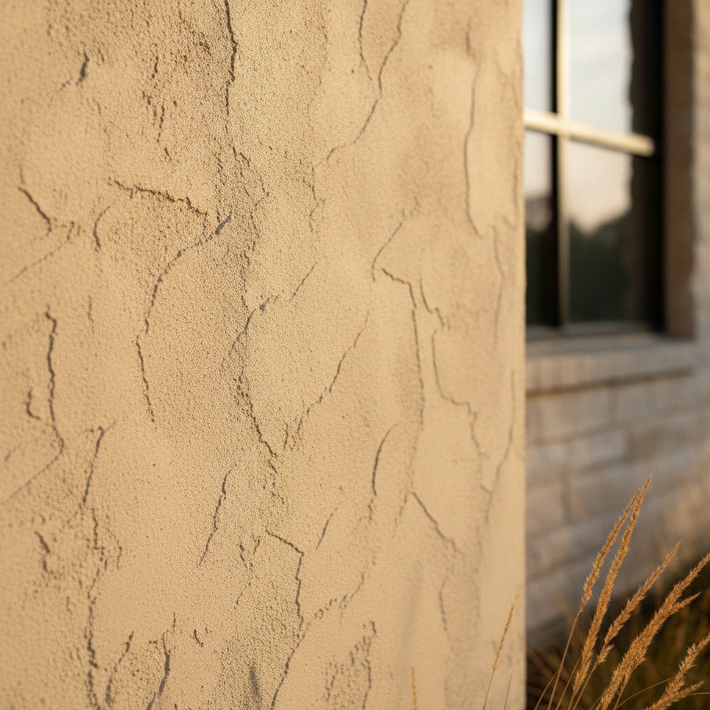Hand troweled warm cream stucco wall texture close up on a modern Texas home facade