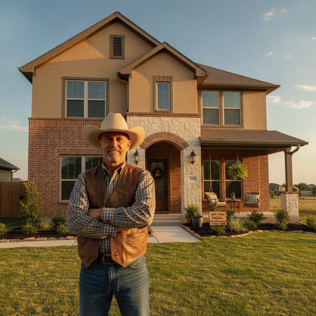 Fort Worth Texas homeowner James R. in a cowboy hat standing proudly in front of his freshly repainted two story home with warm earth tones