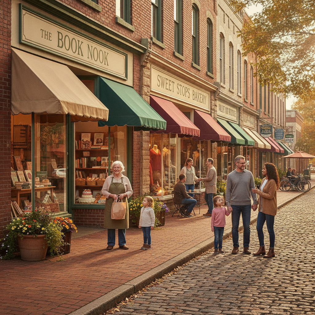 Charming downtown storefronts with local shopkeepers greeting customers in Mahoning Valley