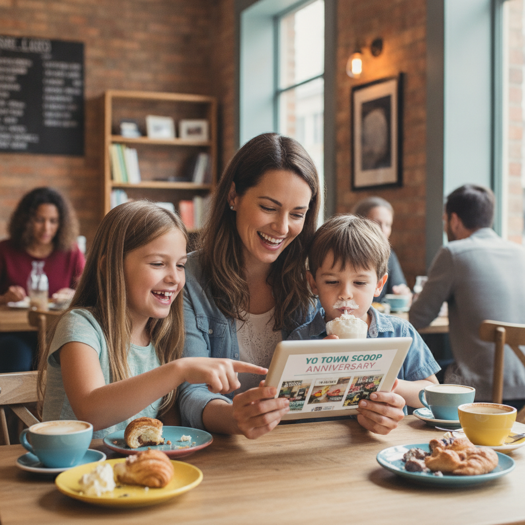 Happy young mother with kids enjoying local cafe