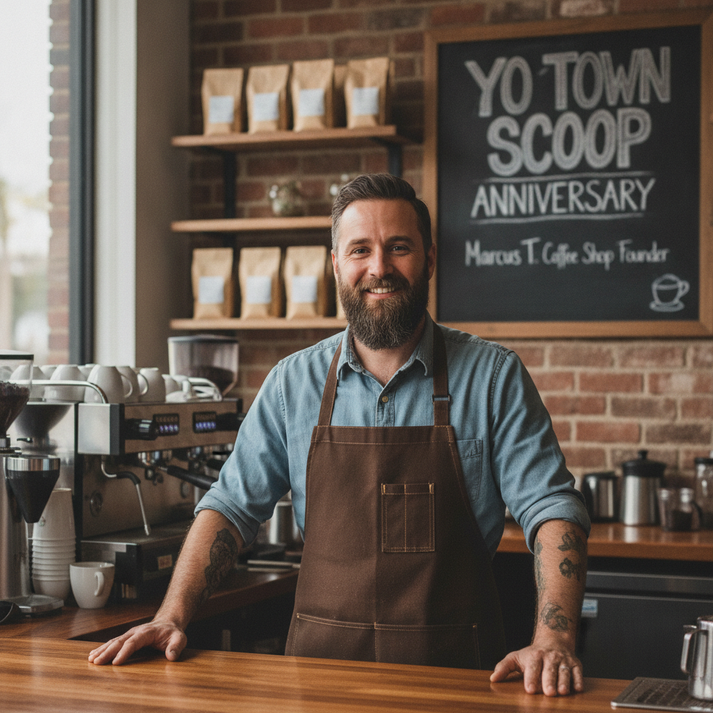 Bearded male coffee shop owner in apron behind counter