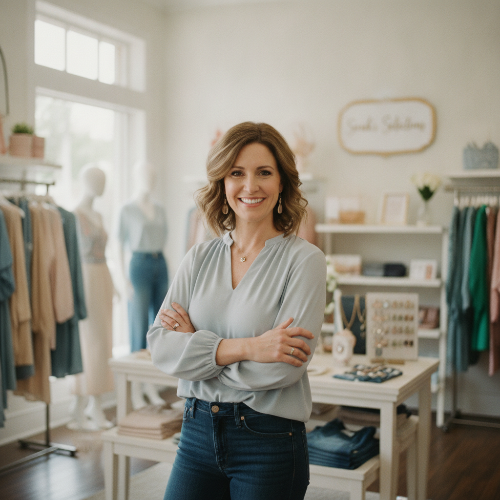 Cheerful female boutique owner with warm smile in her shop
