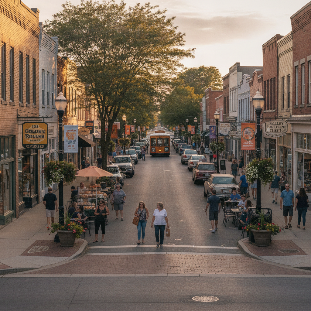 Vibrant local main street in Mahoning Valley showing welcoming community businesses