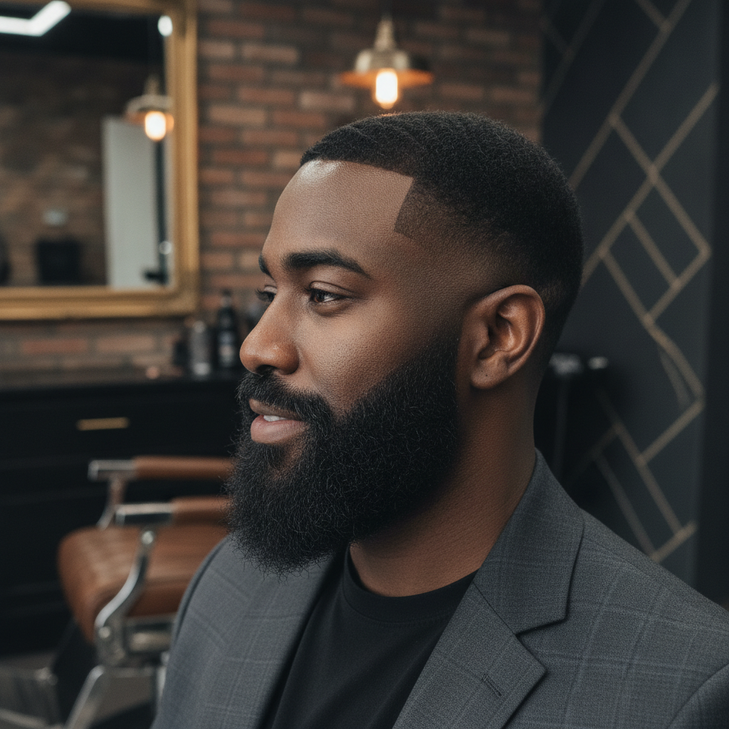 Close-up of a perfectly sculpted and maintained beard and mustache after a professional trim.
